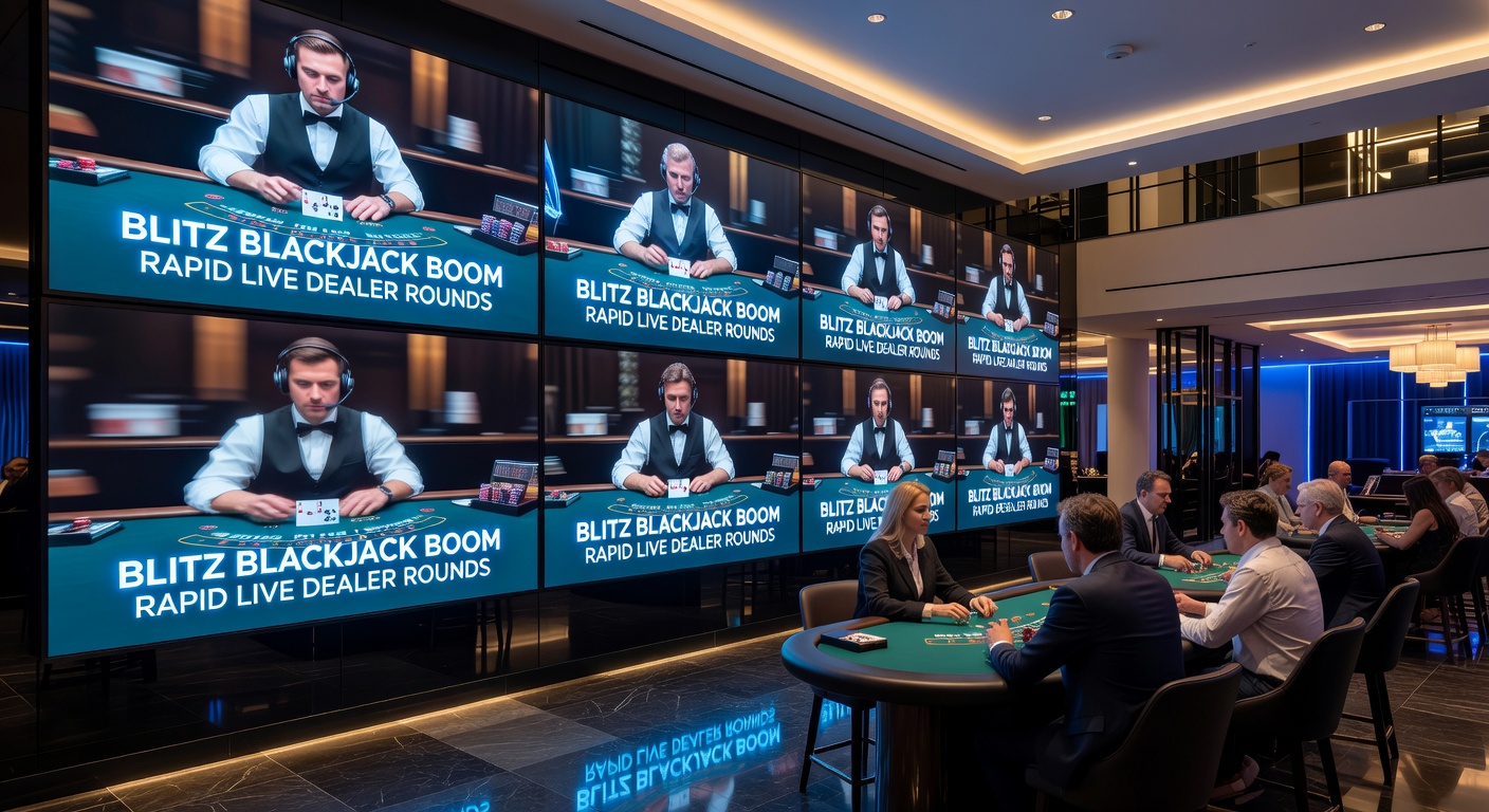 Live dealer bij een Blitz Blackjack-tafel, met snelle kaarten en enthousiaste spelers op Nederlandse casino-platforms