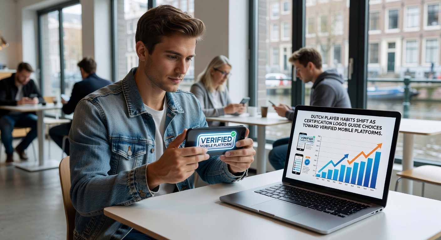 Mobiele casino interface met prominente certificeringslogo's en speleractiviteit in Nederland