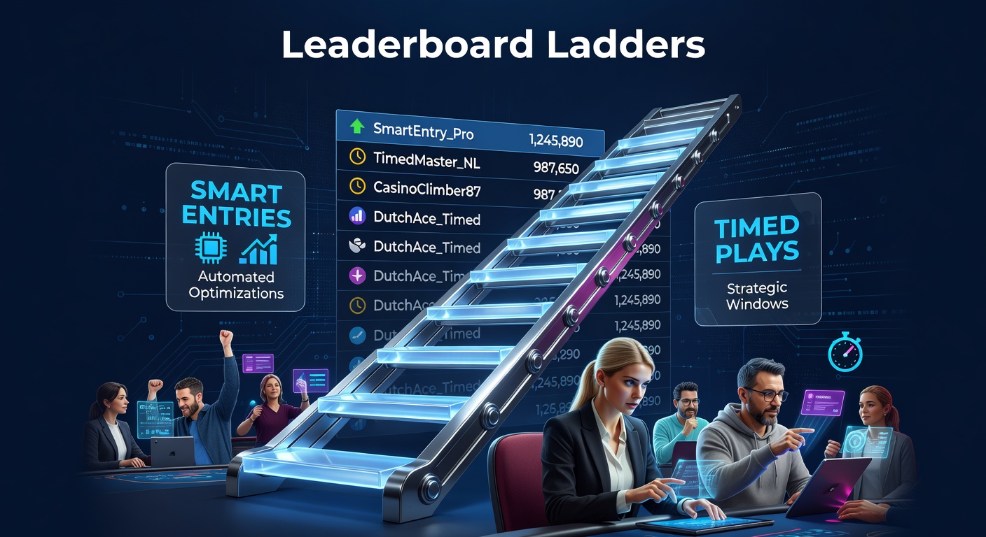 Speler klimt leaderboard ladder in online casino toernooi met klok en chips op achtergrond