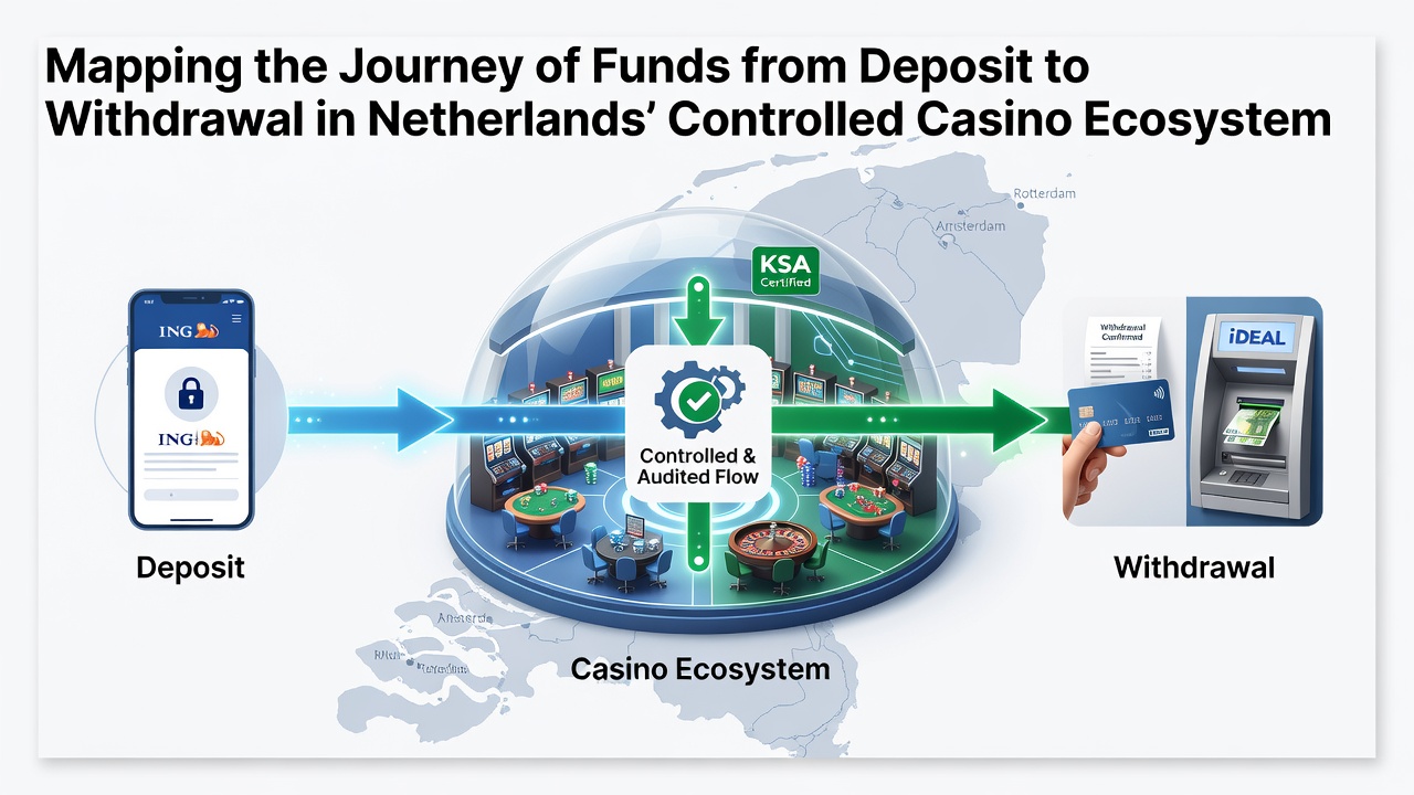 Illustratie van geldstromen in Nederlandse casino ecosystemen met pijlen die deposit en withdrawal processen tonen