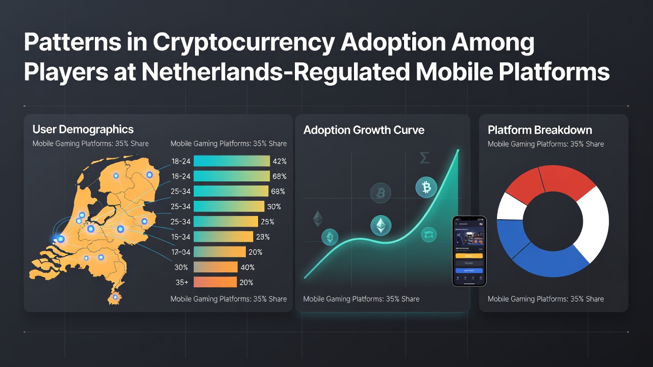 Grafiek die trends in cryptocurrency adoptie onder Nederlandse mobiele gokkers illustreert met stijgende lijnen voor Bitcoin en Ethereum gebruik in 2025-2026