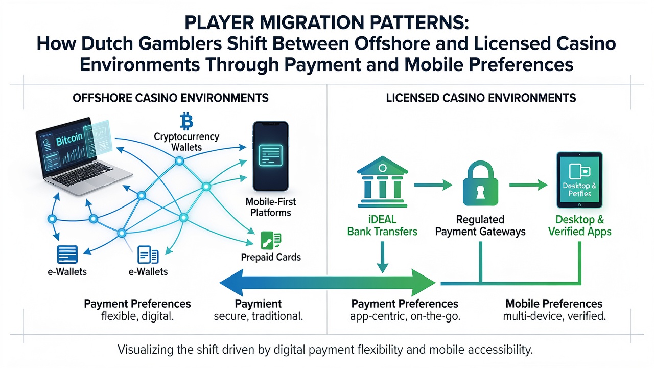 Grafiek die migratiepatronen van Nederlandse spelers tussen offshore en gelicentieerde casino's illustreert met focus op betalings- en mobiele trends